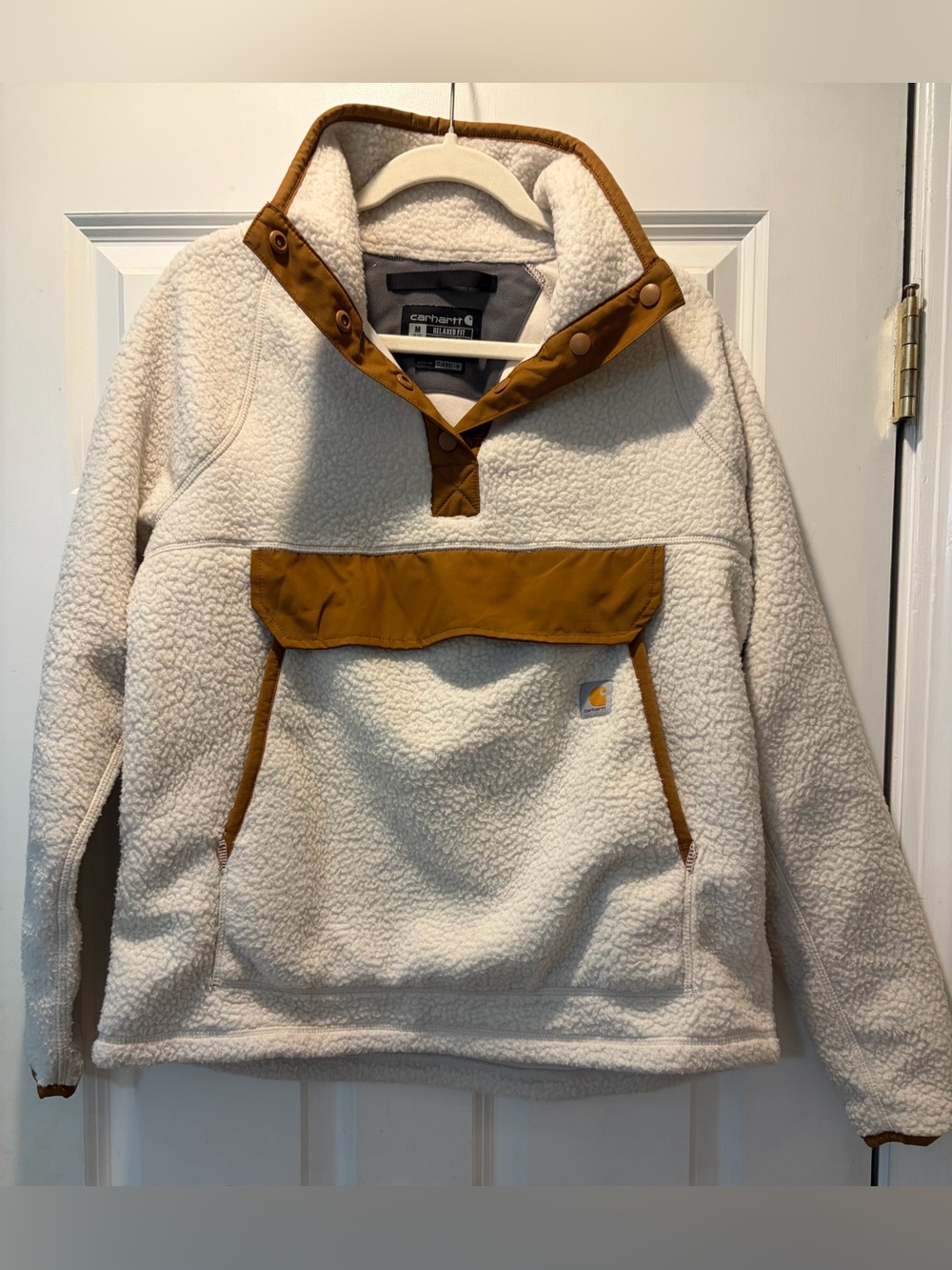 Carhartt Cream Sherpa Pullover with Brown Trim size medium relaxed fit